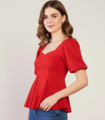 Stretchable Puff Sleeves Peplum Top - Image 2