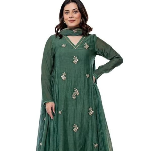 KLOSIA Women Embroidery Solid Anarkali Kurta and Pant Set with Dupatta